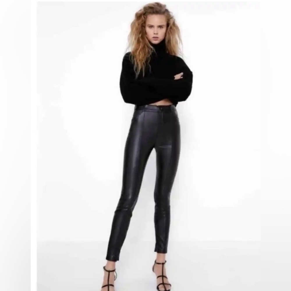 Zara Black Faux Leather Zipper Ankle Legging Pants Size XS